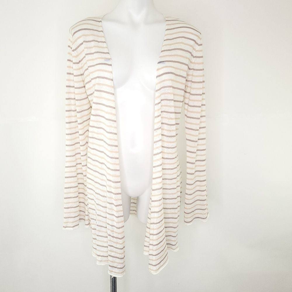 Acrobat 100% Linen Striped Open Front Lighweight Cardigan Sweater Cream sz M